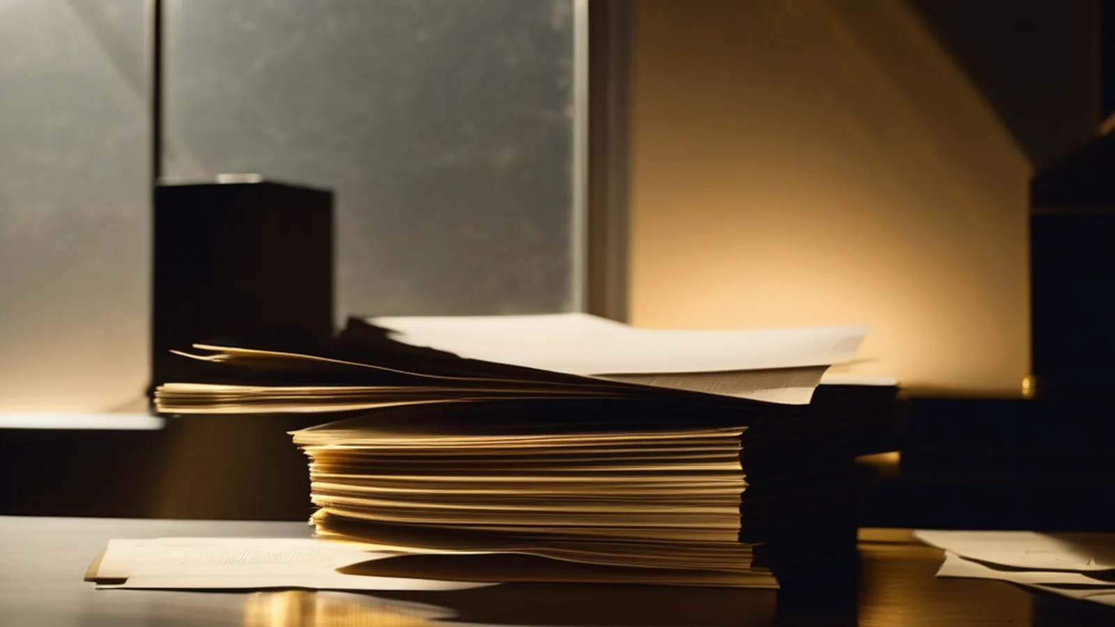 光束穿透黑暗照亮司法院公開判決書文件，象徵合法可查的訴訟紀錄
